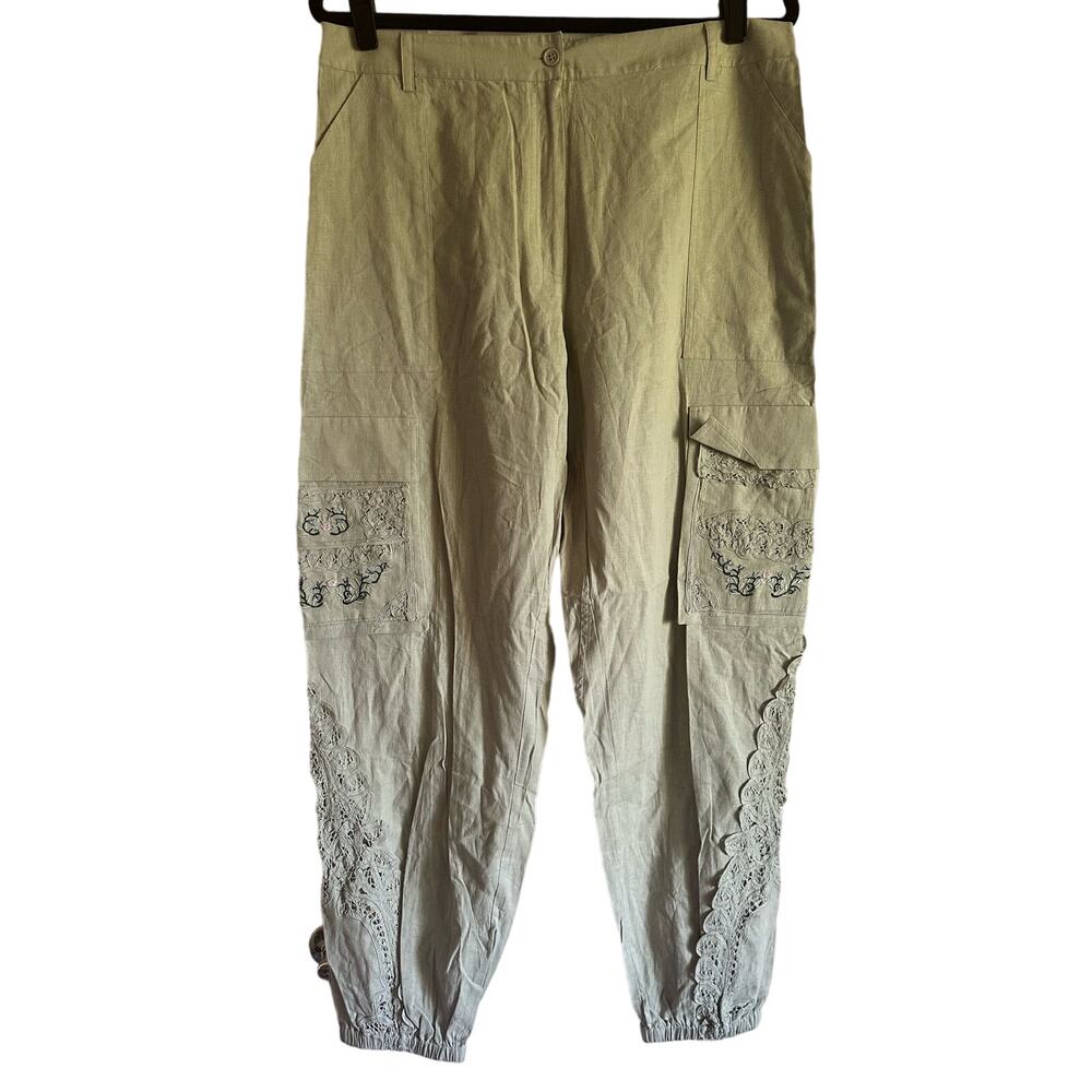 NWOT Newport News Linen/Cotton Cargo Pants with Lace & Embroidery Detail Size 16
